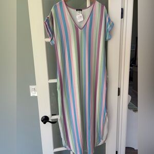 NWT Boutique Heimish USA Maxi Colorful Striped V-Neck Dress size Large